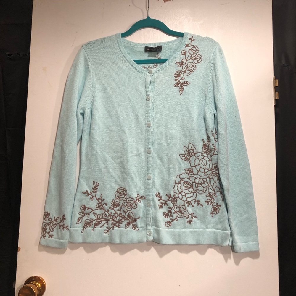 Eddie Bauer Cardigan in Aqua with floral design.